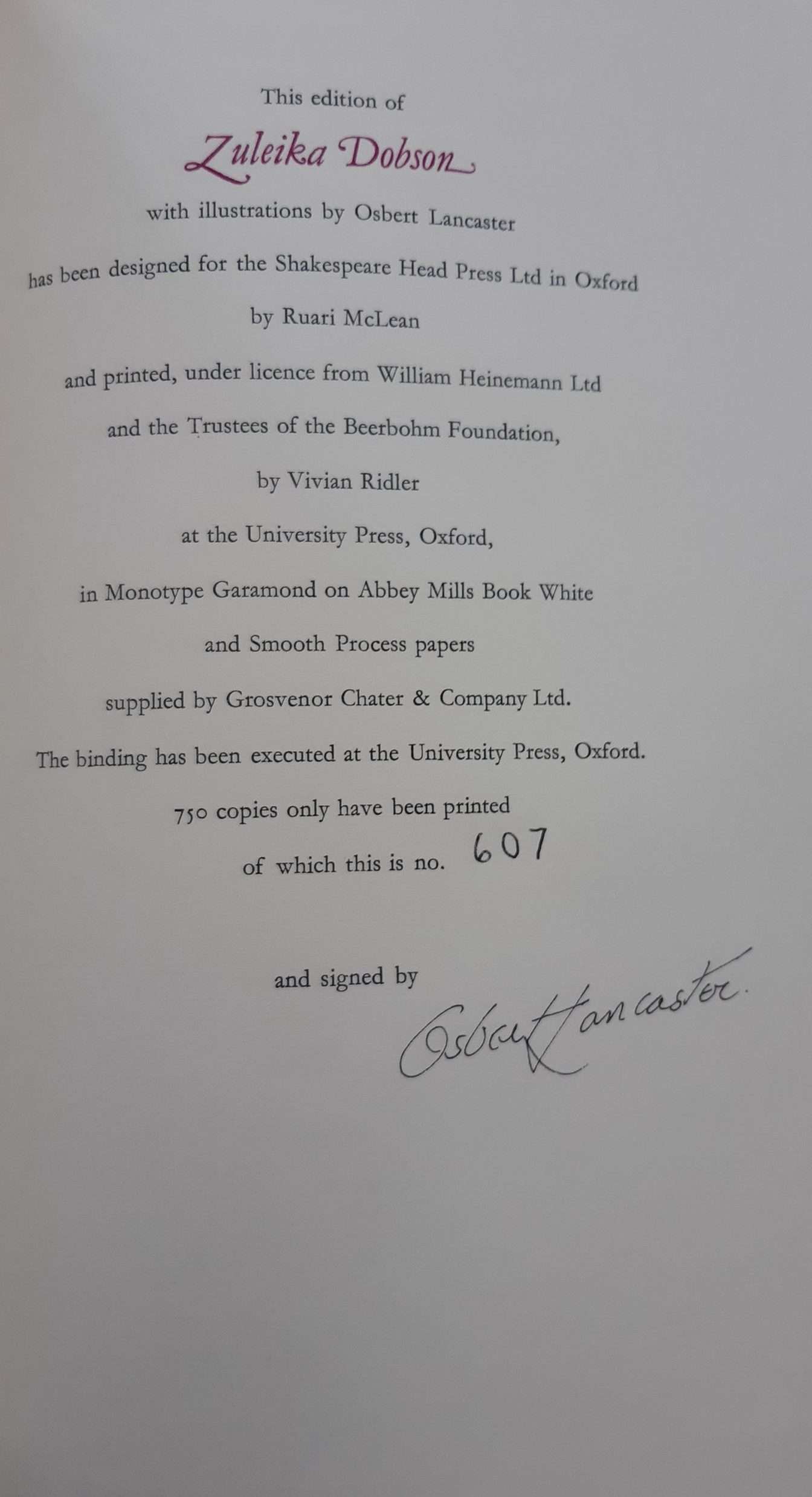 Max Beerbohm 'Zuleika Dobson: An Oxford Love Story' (Illustrated by Osbert Lancaster) (Signed) - Image 3